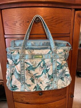Ed Hardy vintage turquoise metallic blue bird Print Tote Bag y2k